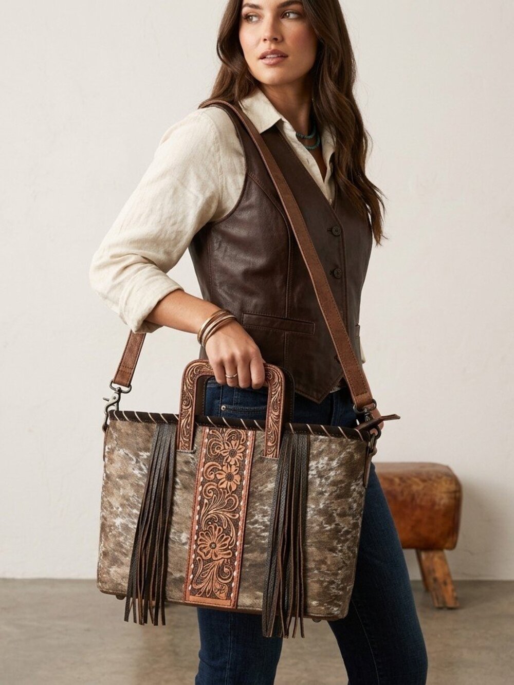 American Darling Western Fringe Tooled Tote Bag